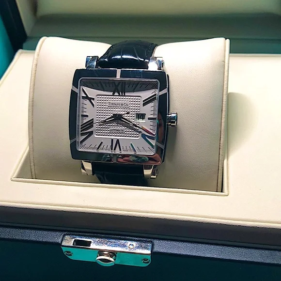 Tiffany & Co. Genuine Alligator & Stainless Steel Black Atlas Watch Gyromatic - Picture 2 of 16